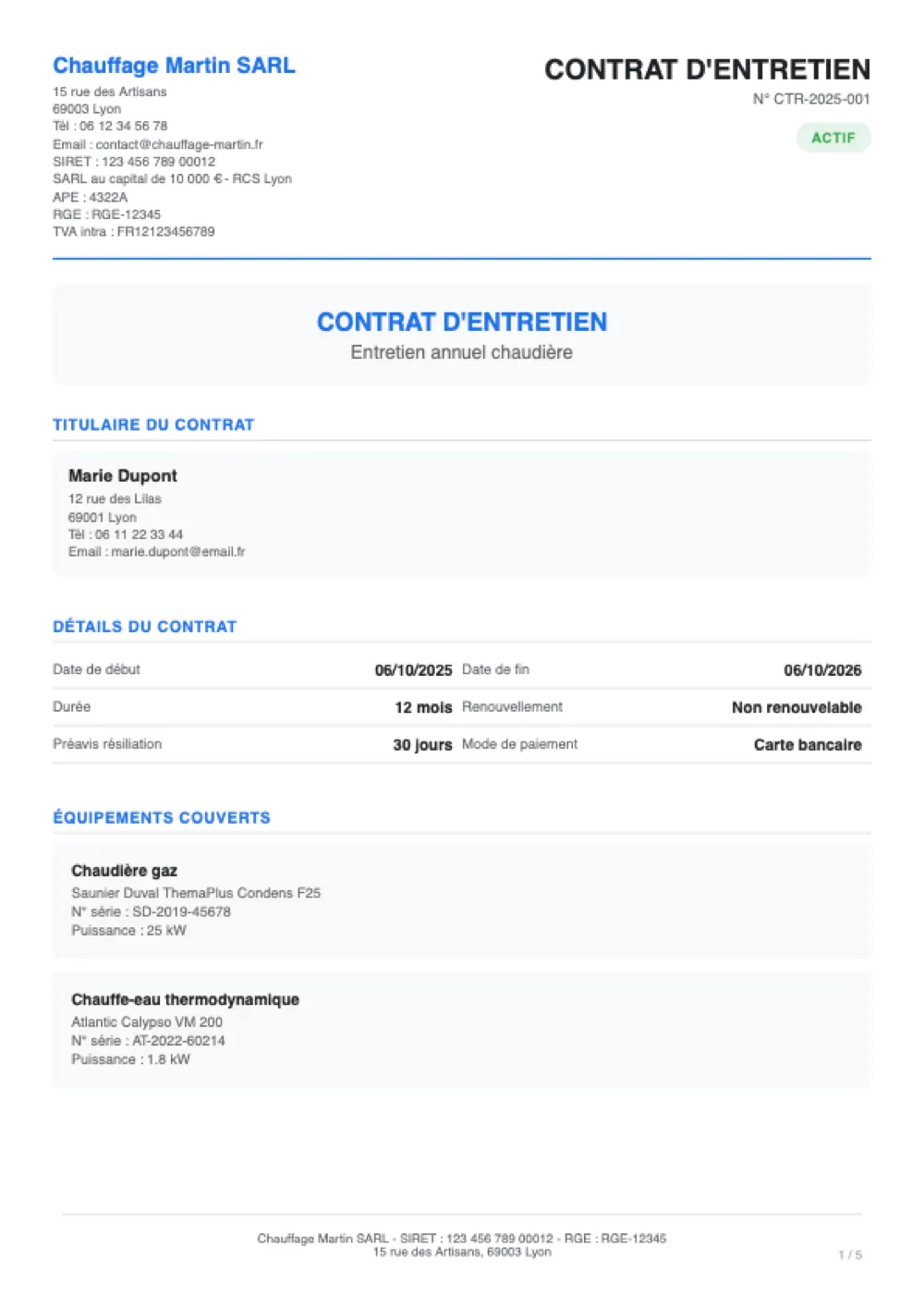 Première page de le contrat d'entretien