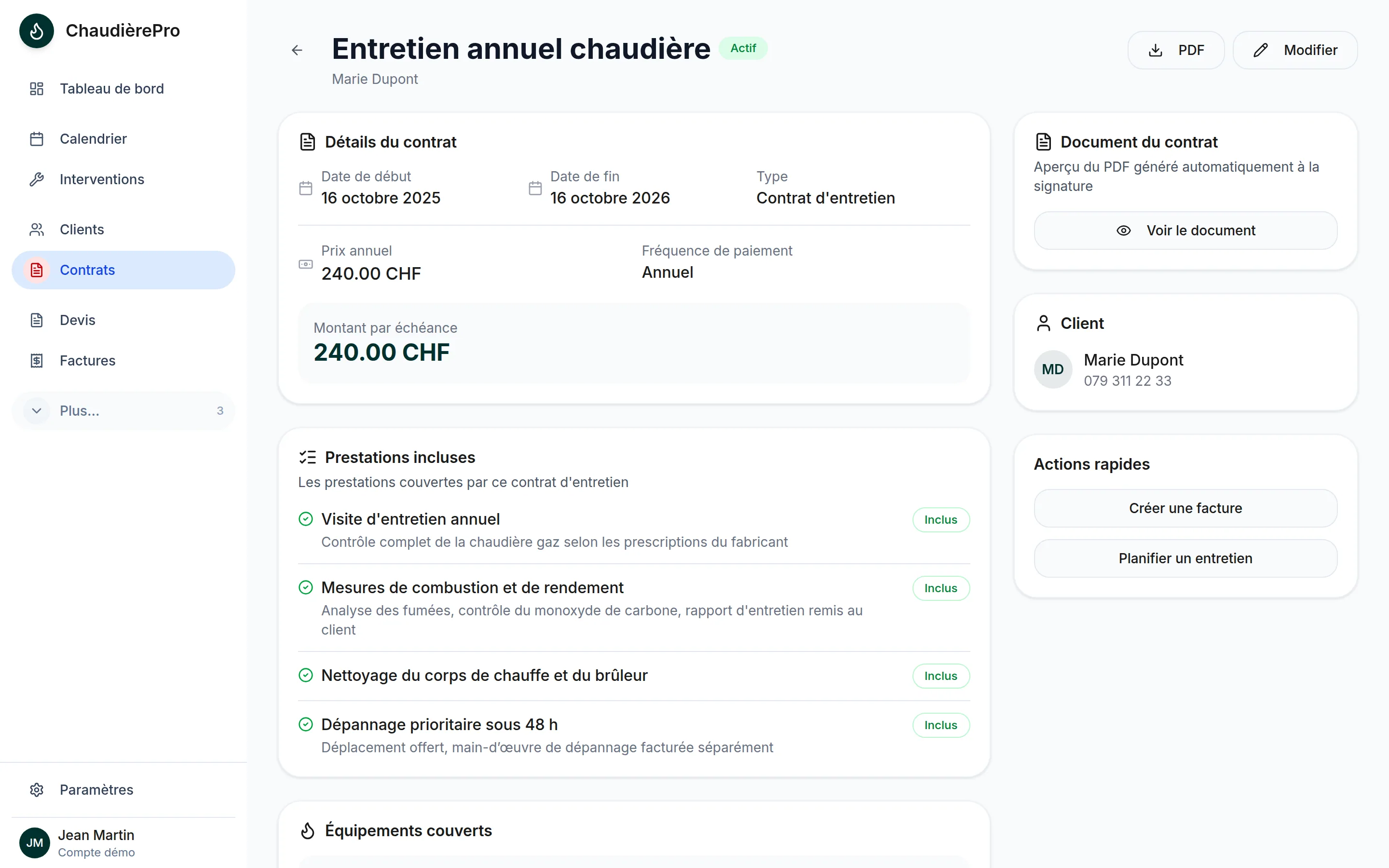 Un contrat d'entretien dans ChaudièrePro : formule, appareils couverts, échéance et rappels