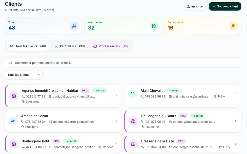La liste des clients : particuliers et professionnels, contrats en cours, coordonnées