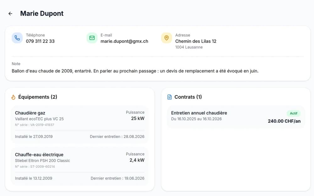 La fiche d’un client : coordonnées, appareil, contrat, intervention et facture