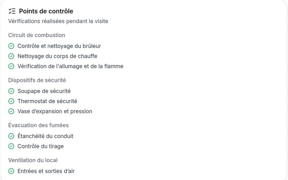 Les points de contrôle d'un entretien de chaudière gaz, groupés par circuit de combustion, sécurité, fumées et ventilation