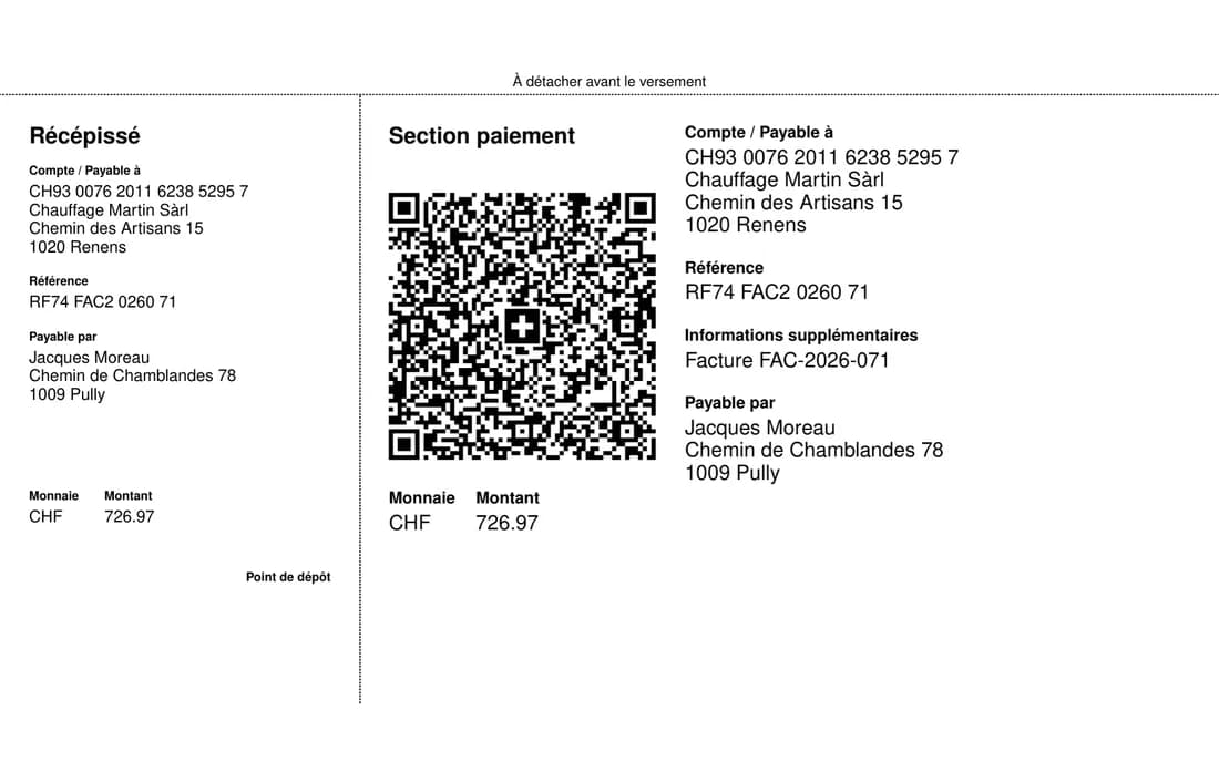 La section paiement d'une facture ChaudièrePro : récépissé et QR-facture en francs suisses