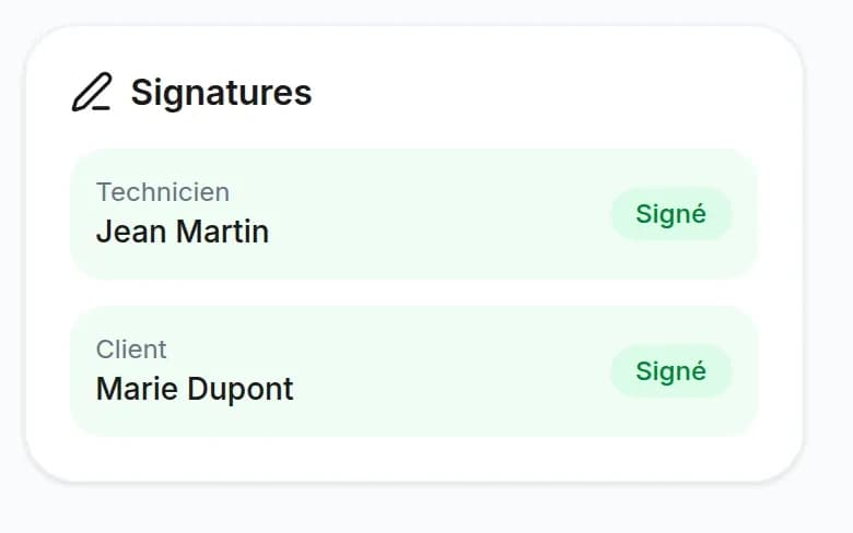Le bloc Signatures d'une intervention : technicien et client, tous deux signés