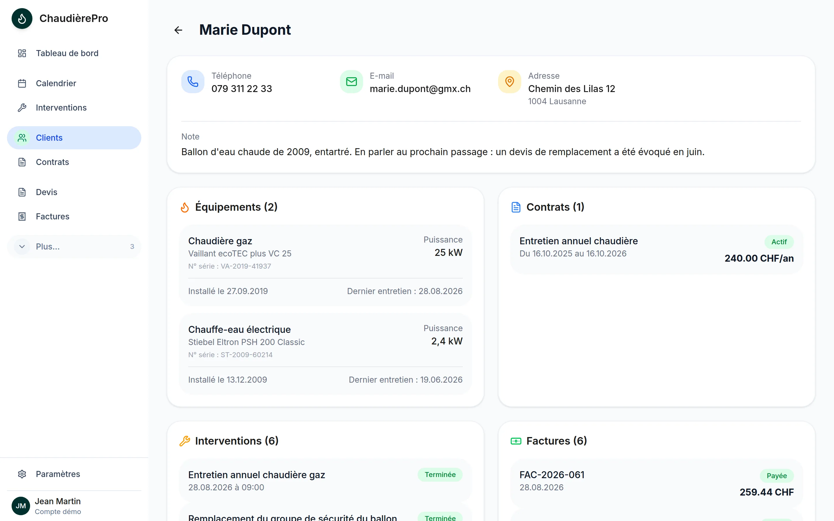La fiche client de ChaudièrePro : coordonnées, appareils, contrats et historique
