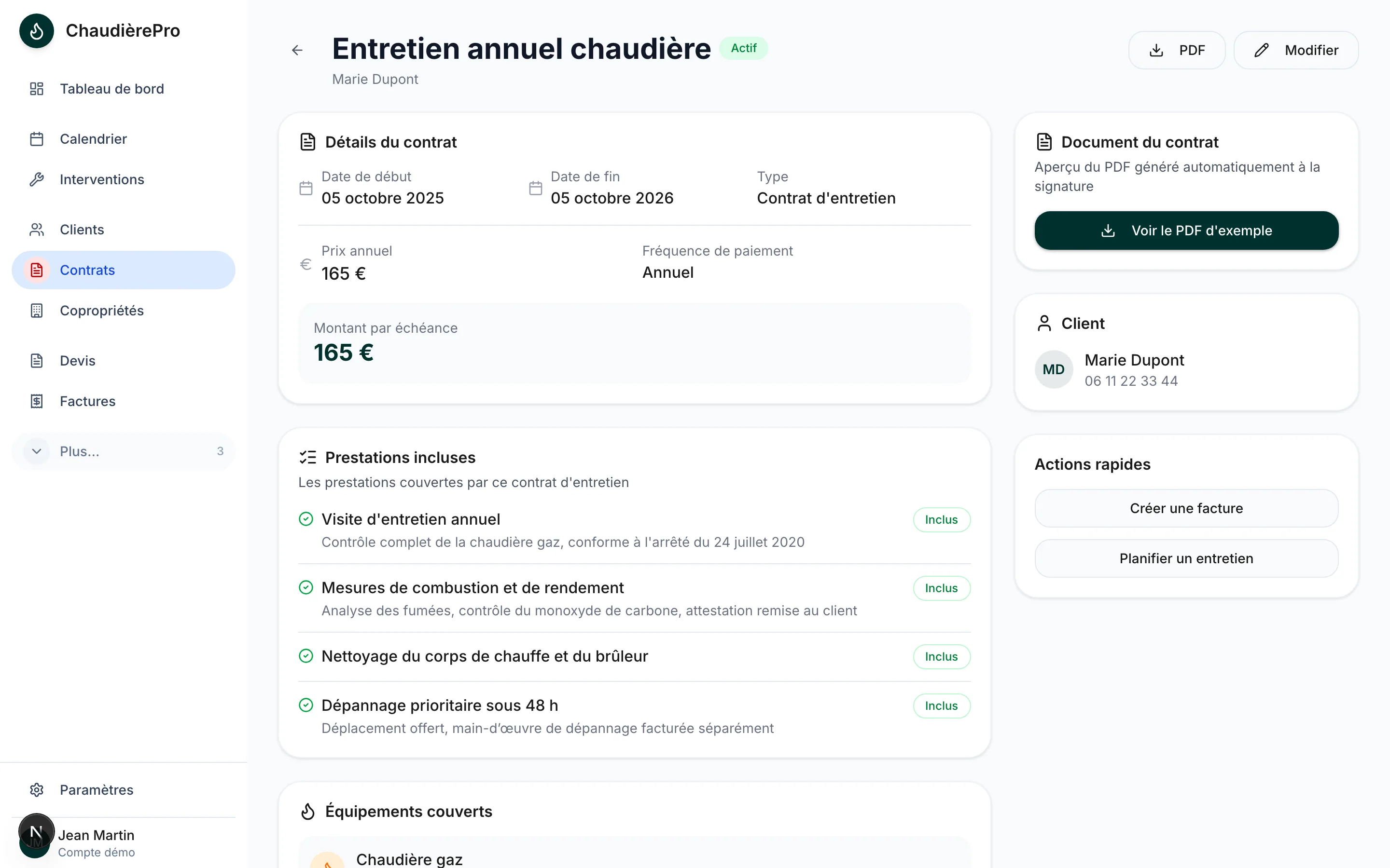 Un contrat d'entretien dans ChaudièrePro, avec son échéance et ses appareils couverts