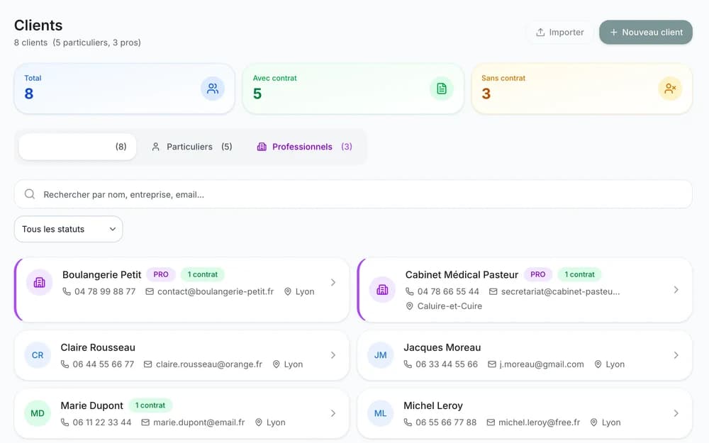 La liste des clients : particuliers et professionnels, contrats en cours, coordonnées