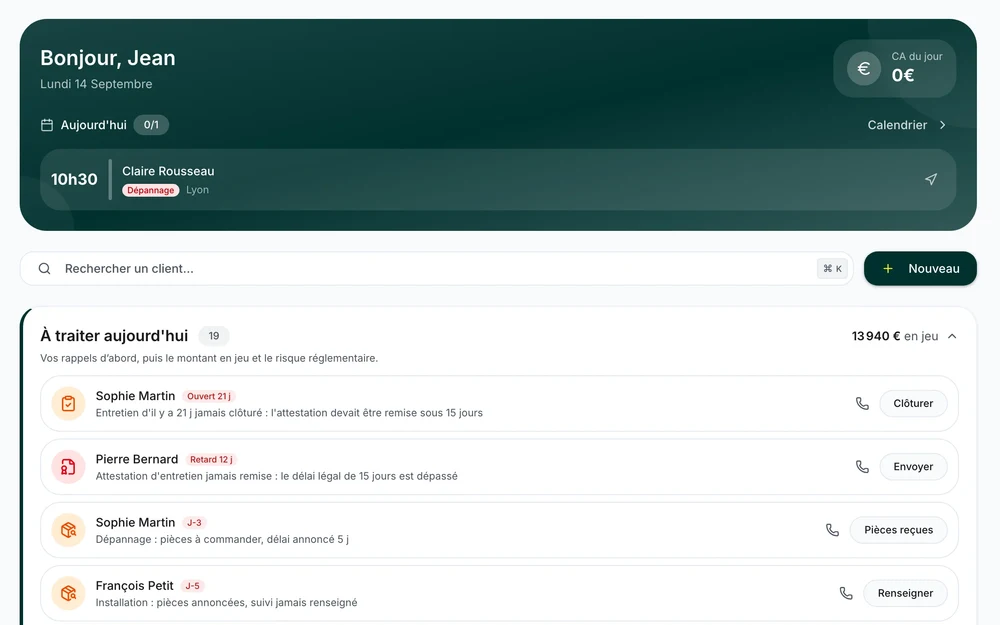 Le tableau de bord de la démo : la journée du technicien et la liste « À traiter aujourd'hui »