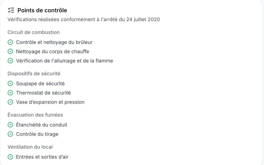 Les points de contrôle d'un entretien de chaudière gaz, groupés par circuit de combustion, sécurité, fumées et ventilation