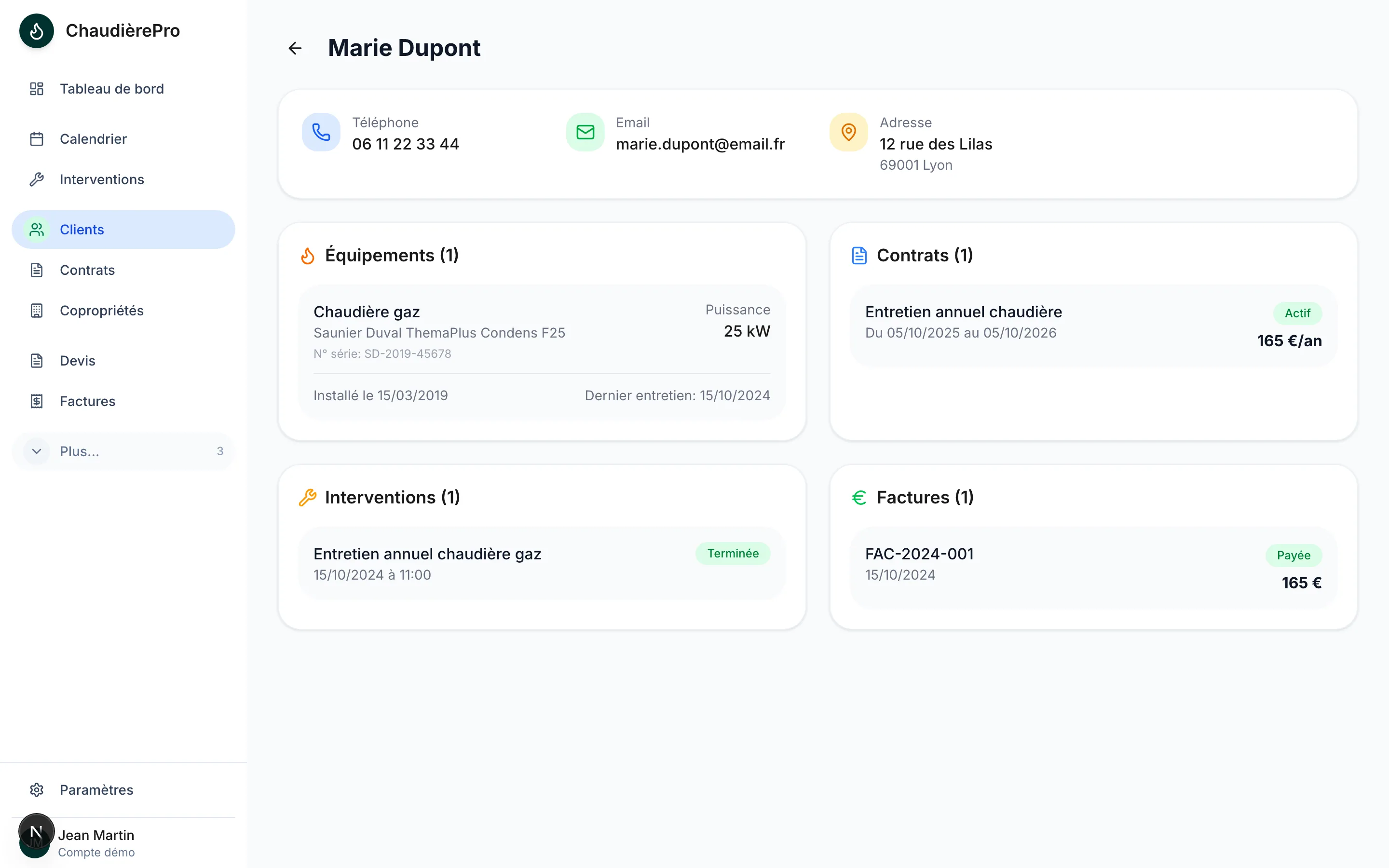 La fiche client de ChaudièrePro : coordonnées, appareils, contrats et historique