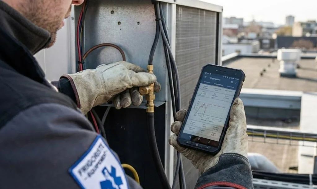 Un technicien en toiture devant un groupe de climatisation, téléphone à la main