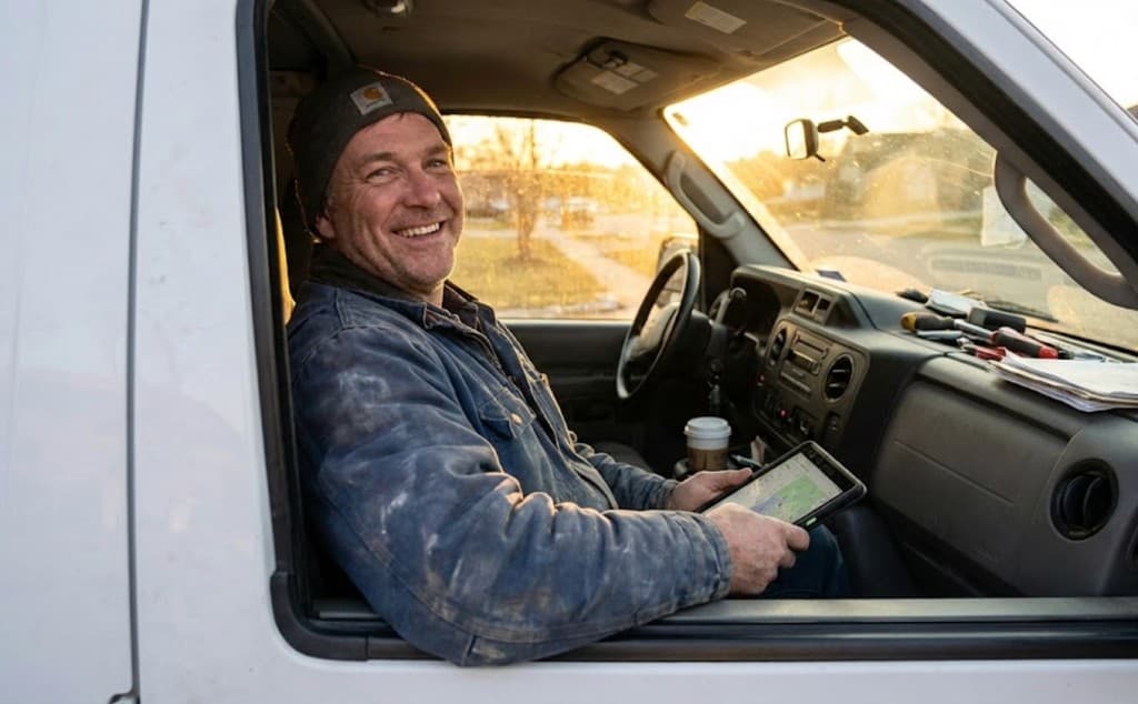 Artisan chauffagiste détendu dans son camion après sa journée de travail, utilisant l'application sur sa tablette