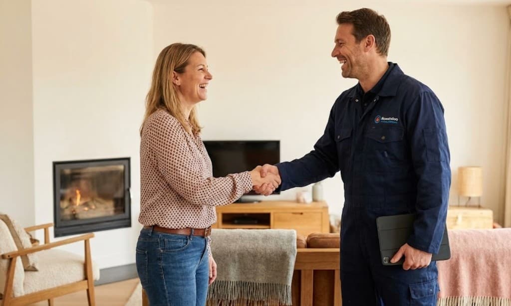 Artisan chauffagiste serrant la main d'une cliente satisfaite