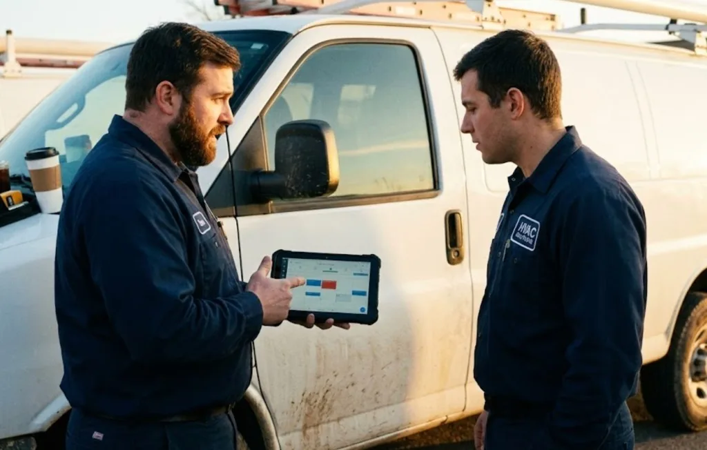 Deux techniciens devant leur camion, une tablette à la main