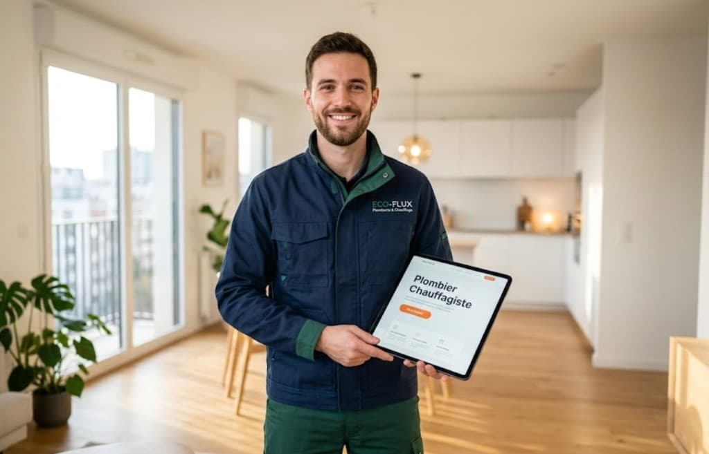 Artisan chauffagiste présentant fièrement son site web professionnel sur un écran