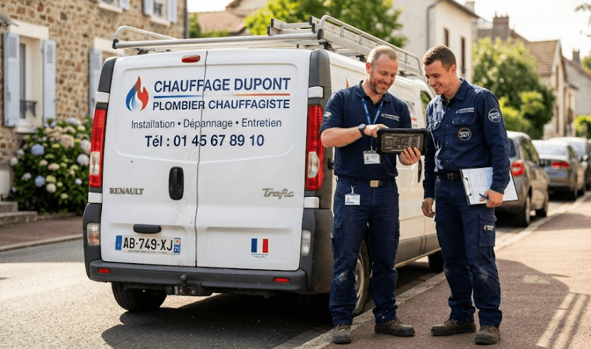 Deux artisans chauffagistes souriants discutant devant leur camion utilitaire en regardant une tablette