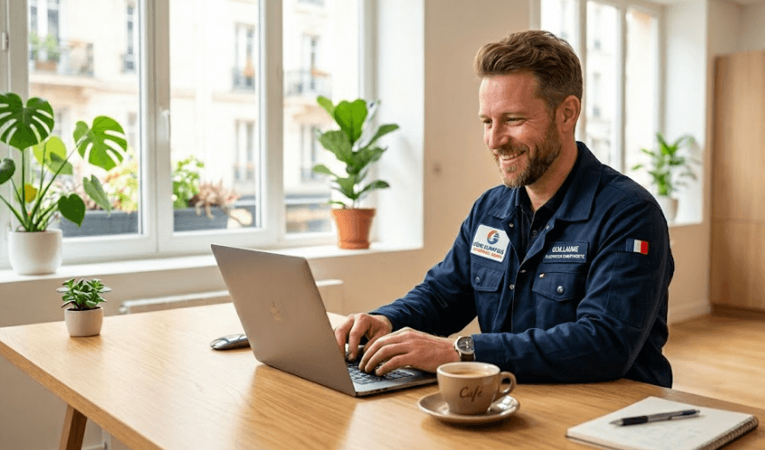 Artisan chauffagiste souriant au bureau avec son ordinateur portable