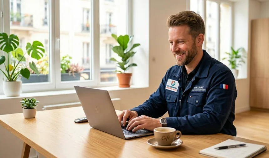 Artisan chauffagiste souriant au bureau avec son ordinateur portable