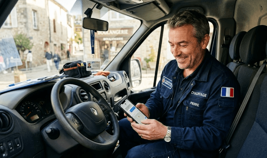 Artisan chauffagiste souriant dans son camion, consultant son téléphone