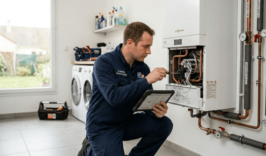 Artisan chauffagiste concentré travaillant sur une chaudière murale avec une tablette