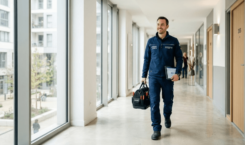 Artisan chauffagiste souriant marchant dans le couloir moderne d'une copropriété avec sa tablette et sa boîte à outils