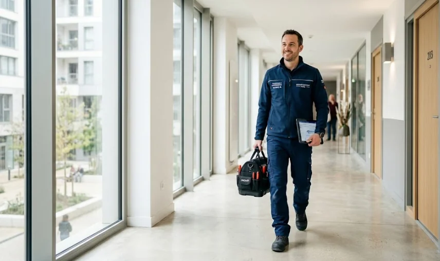 Technicien marchant dans le couloir d'un immeuble d'habitation avec sa tablette et sa boîte à outils