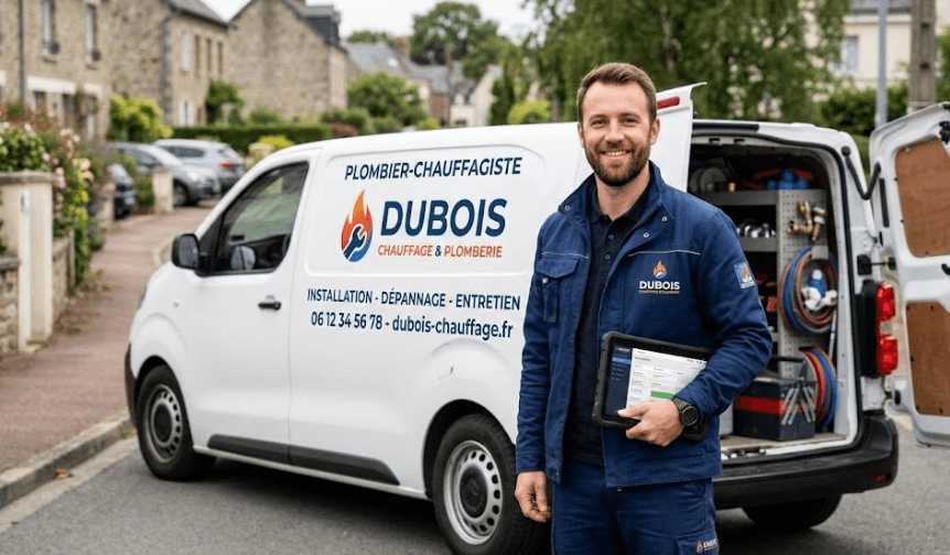 Artisan plombier-chauffagiste souriant devant son camion avec une tablette